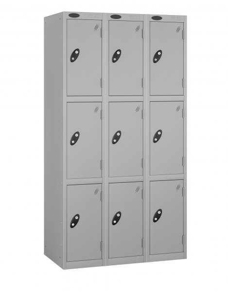 Nest of 3 Metal Storage Lockers | 3 Doors | 1780 x 305 x 305mm | Silver Carcass | Silver Door | Cam Lock | Probe