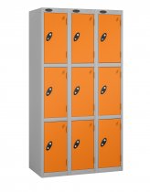 Nest of 3 Metal Storage Lockers | 3 Doors | 1780 x 305 x 305mm | Silver Carcass | Orange Door | Cam Lock | Probe