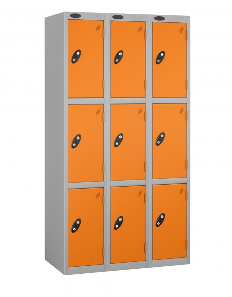 Nest of 3 Metal Storage Lockers | 3 Doors | 1780 x 305 x 305mm | Silver Carcass | Orange Door | Cam Lock | Probe