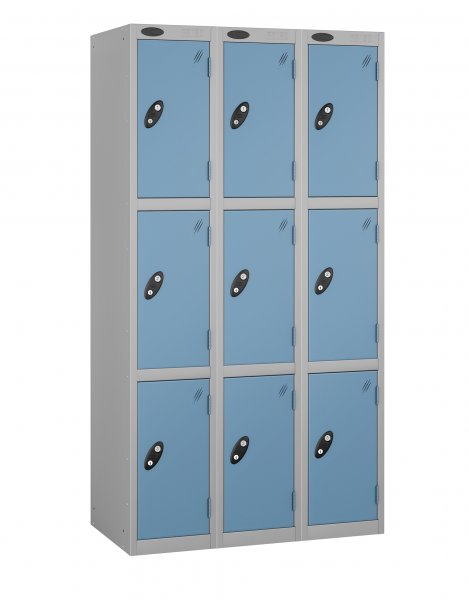 Nest of 3 Metal Storage Lockers | 3 Doors | 1780 x 305 x 305mm | Silver Carcass | Ocean Door | Cam Lock | Probe