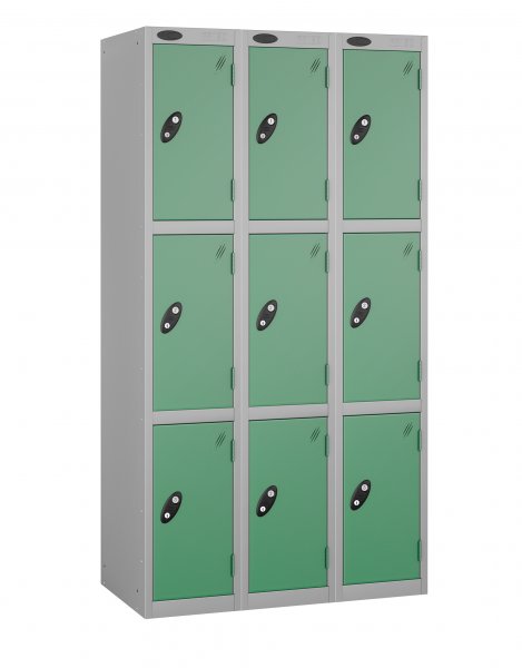 Nest of 3 Metal Storage Lockers | 3 Doors | 1780 x 305 x 305mm | Silver Carcass | Jade Door | Cam Lock | Probe
