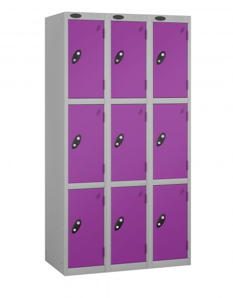 Nest of 3 Metal Storage Lockers | 3 Doors | 1780 x 305 x 305mm | Silver Carcass | Lilac Door | Cam Lock | Probe