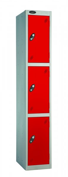 Single Metal Storage Locker | 3 Doors | 1780 x 460 x 460mm | Silver Carcass | Red Door | Hasp & Staple Lock | Probe