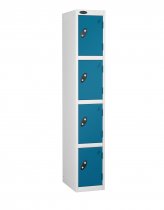 Single Metal Storage Locker | 4 Doors | 1780 x 305 x 305mm | White Carcass | Blue Door | Cam Lock | Probe