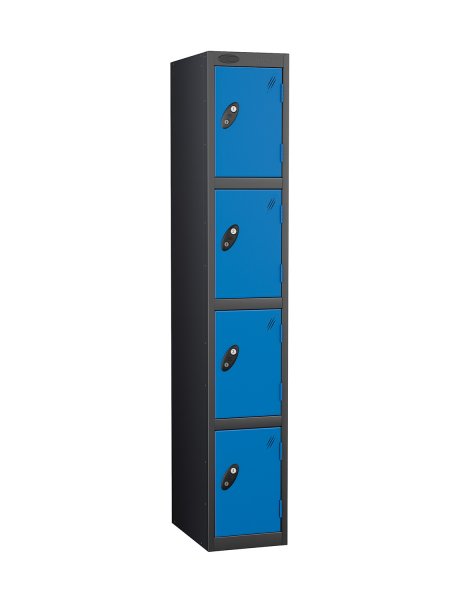 Single Metal Storage Locker | 4 Doors | 1780 x 305 x 305mm | Black Carcass | Blue Door | Cam Lock | Probe