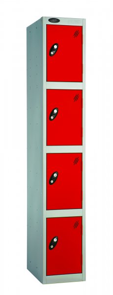 Single Metal Storage Locker | 4 Doors | 1780 x 305 x 305mm | Silver Carcass | Red Door | Cam Lock | Probe