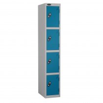 Single Metal Storage Locker | 4 Doors | 1780 x 305 x 305mm | Silver Carcass | Blue Door | Cam Lock | Probe