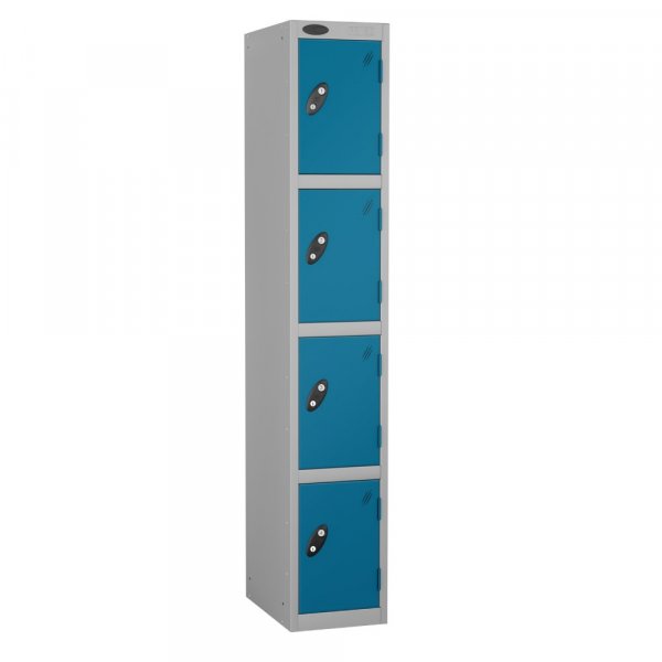 Single Metal Storage Locker | 4 Doors | 1780 x 305 x 305mm | Silver Carcass | Blue Door | Cam Lock | Probe