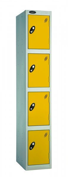 Single Metal Storage Locker | 4 Doors | 1780 x 305 x 305mm | Silver Carcass | Yellow Door | Cam Lock | Probe