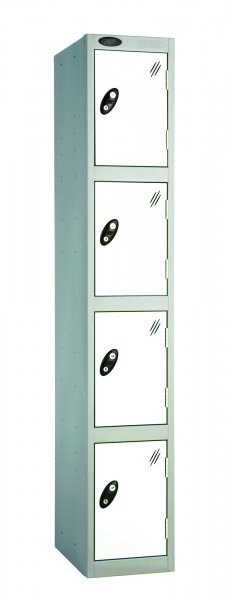 Single Metal Storage Locker | 4 Doors | 1780 x 305 x 305mm | Silver Carcass | White Door | Cam Lock | Probe