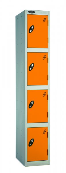 Single Metal Storage Locker | 4 Doors | 1780 x 305 x 305mm | Silver Carcass | Orange Door | Cam Lock | Probe