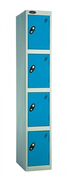 Single Metal Storage Locker | 4 Doors | 1780 x 460 x 460mm | Silver Carcass | Blue Door | Hasp & Staple Lock | Probe