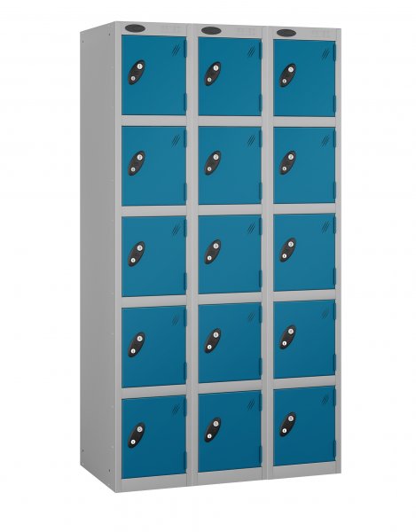 Nest of 3 Metal Storage Lockers | 5 Doors | 1780 x 305 x 305mm | Silver Carcass | Blue Door | Cam Lock | Probe