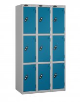 Nest of 3 Metal Storage Lockers | 3 Doors | 1780 x 305 x 305mm | Silver Carcass | Blue Door | Hasp & Staple Lock | Probe