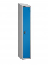 Single Metal Storage Locker | Single Door | 1780 x 305 x 305mm | Silver Carcass | Blue Door | Cam Lock | Sloping Top | Probe