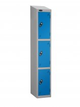 Single Metal Storage Locker | 3 Doors | 1780 x 305 x 305mm | Silver Carcass | Blue Door | Cam Lock | Sloping Top | Probe
