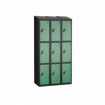Nest of 3 Metal Storage Lockers | 3 Doors | 1780 x 305 x 305mm | Black Carcass | Jade Door | Cam Lock | Sloping Top | Probe