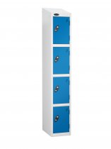 Single Metal Storage Locker | 4 Doors | 1780 x 305 x 305mm | White Carcass | Blue Door | Cam Lock | Sloping Top | Probe
