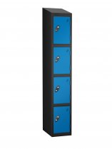 Single Metal Storage Locker | 4 Doors | 1780 x 305 x 305mm | Black Carcass | Blue Door | Cam Lock | Sloping Top | Probe