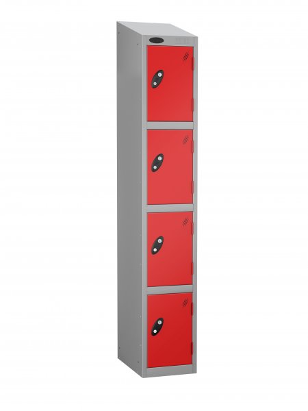 Single Metal Storage Locker | 4 Doors | 1780 x 305 x 305mm | Silver Carcass | Red Door | Cam Lock | Sloping Top | Probe