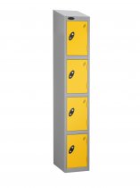 Single Metal Storage Locker | 4 Doors | 1780 x 305 x 305mm | Silver Carcass | Yellow Door | Cam Lock | Sloping Top | Probe