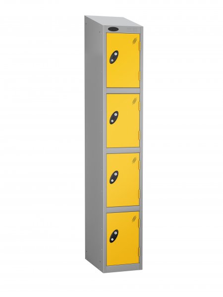 Single Metal Storage Locker | 4 Doors | 1780 x 305 x 305mm | Silver Carcass | Yellow Door | Cam Lock | Sloping Top | Probe