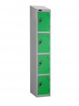 Single Metal Storage Locker | 4 Doors | 1780 x 305 x 305mm | Silver Carcass | Green Door | Cam Lock | Sloping Top | Probe