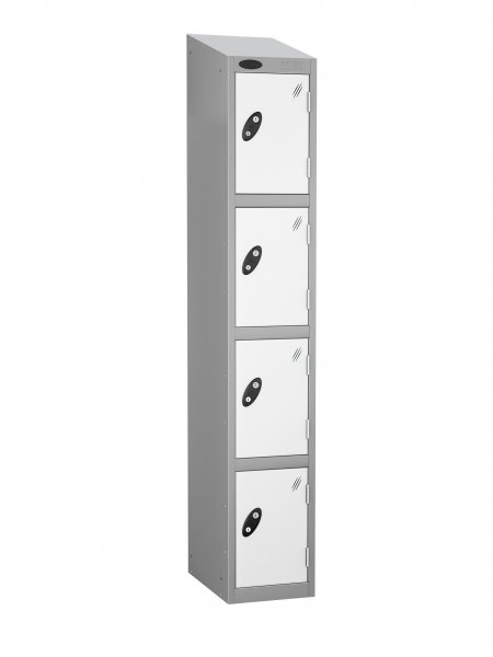 Single Metal Storage Locker | 4 Doors | 1780 x 305 x 305mm | Silver Carcass | White Door | Cam Lock | Sloping Top | Probe