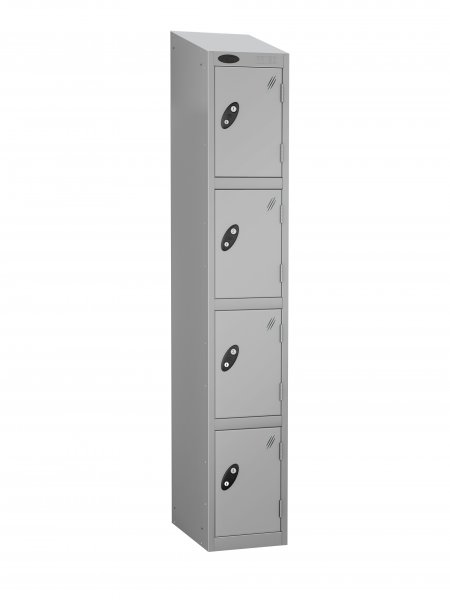 Single Metal Storage Locker | 4 Doors | 1780 x 305 x 305mm | Silver Carcass | Silver Door | Cam Lock | Sloping Top | Probe