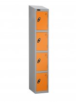 Single Metal Storage Locker | 4 Doors | 1780 x 305 x 305mm | Silver Carcass | Orange Door | Cam Lock | Sloping Top | Probe