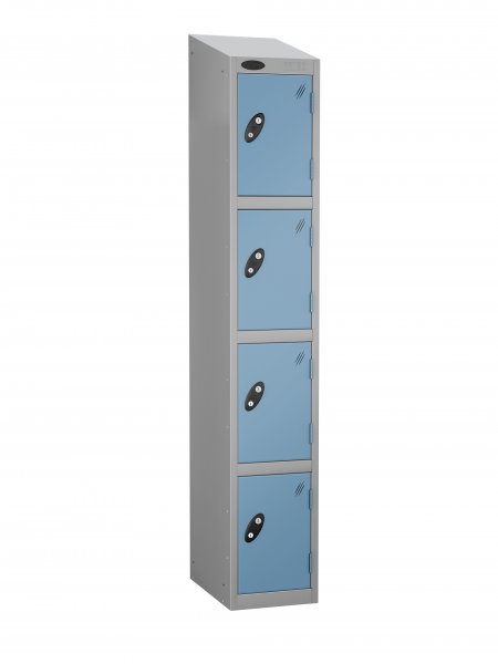 Single Metal Storage Locker | 4 Doors | 1780 x 305 x 305mm | Silver Carcass | Ocean Door | Cam Lock | Sloping Top | Probe