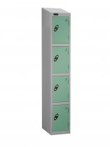 Single Metal Storage Locker | 4 Doors | 1780 x 305 x 305mm | Silver Carcass | Jade Door | Cam Lock | Sloping Top | Probe