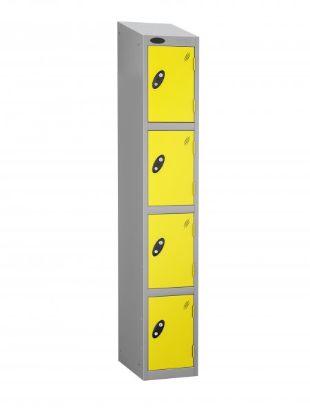 Single Metal Storage Locker | 4 Doors | 1780 x 305 x 305mm | Silver Carcass | Lemon Door | Cam Lock | Sloping Top | Probe
