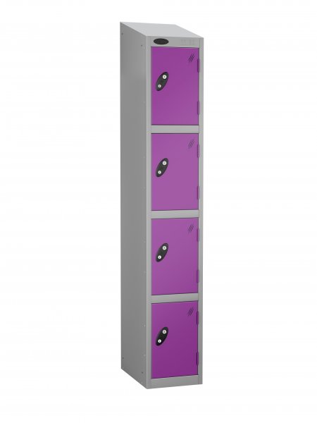 Single Metal Storage Locker | 4 Doors | 1780 x 305 x 305mm | Silver Carcass | Lilac Door | Cam Lock | Sloping Top | Probe