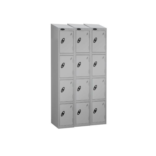 Nest of 3 Metal Storage Lockers | 4 Doors | 1780 x 305 x 305mm | Silver Carcass | Silver Door | Cam Lock | Sloping Top | Probe