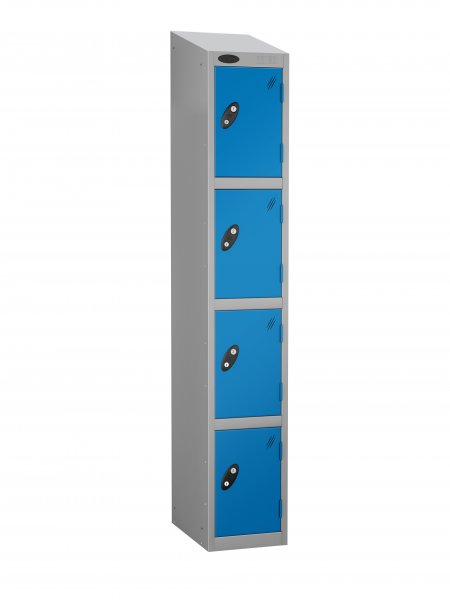 Single Metal Storage Locker | 4 Doors | 1780 x 305 x 380mm | Silver Carcass | Blue Door | Cam Lock | Sloping Top | Probe