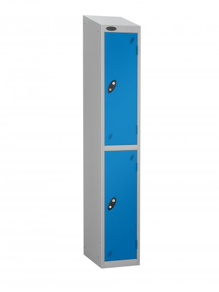 Single Metal Storage Locker | 2 Doors | 1780 x 305 x 305mm | Silver Carcass | Blue Door | Hasp & Staple Lock | Sloping Top | Probe