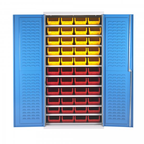 Shelf Support Bin Cupboard | 44 Bins | 11 Adjustable Shelves | Louvre Panel Doors | 2000 x 1000 x 500mm | Redditek