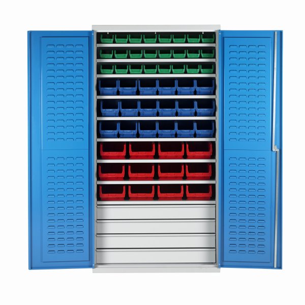 Shelf Support Bin Cupboard | 54 Bins | 9 Adjustable Shelves | 4 Drawers | Louvre Panel Doors | 2000 x 1000 x 500mm | Redditek