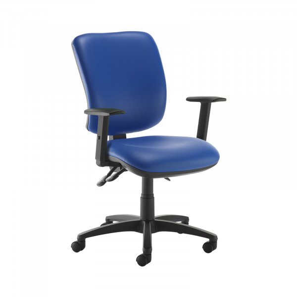 High Back Operator Chair | Ocean Blue Vinyl | Made to Order | Height Adjustable Arms | Senza
