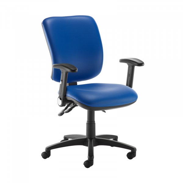 High Back Operator Chair | Ocean Blue Vinyl | Made to Order | Folding Arms | Senza
