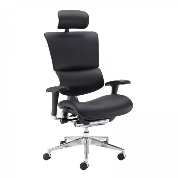 Ergo Posture Chair | Leather Faced | Black | Chrome Base | Adjustable Headrest