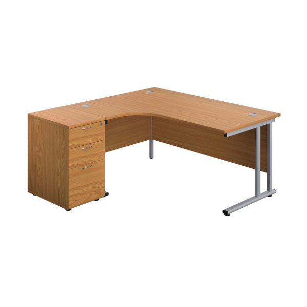 Everyday Radial Desk & Pedestal Bundle | Left Hand | Desk 1600mm Wide | Nova Oak Top | Silver Frame