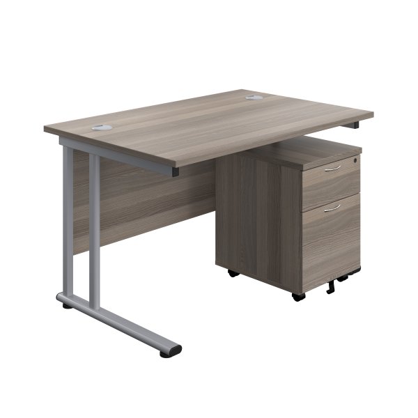 Everyday Straight Desk & Pedestal Bundle | Desk 1200w x 800d mm | 2 Drawer Mobile Pedestal | Grey Oak Top | Silver Frame