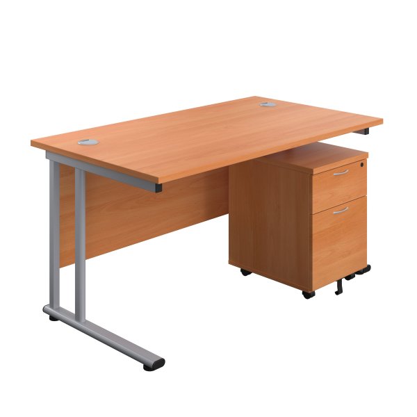 Everyday Straight Desk & Pedestal Bundle | Desk 1400w x 800d mm | 2 Drawer Mobile Pedestal | Beech Top | Silver Frame