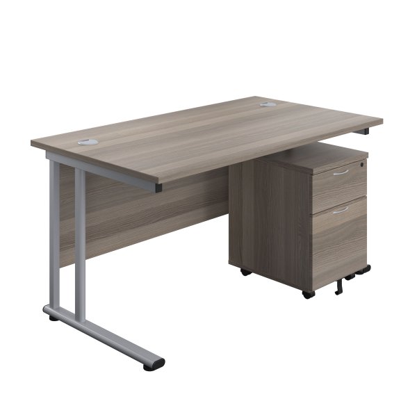 Everyday Straight Desk & Pedestal Bundle | Desk 1400w x 800d mm | 2 Drawer Mobile Pedestal | Grey Oak Top | Silver Frame