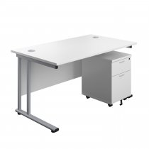 Everyday Straight Desk & Pedestal Bundle | Desk 1400w x 800d mm | 2 Drawer Mobile Pedestal | White Top | Silver Frame