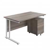 Everyday Straight Desk & Pedestal Bundle | Desk 1400w x 800d mm | 2 Drawer Mobile Pedestal | Grey Oak Top | White Frame