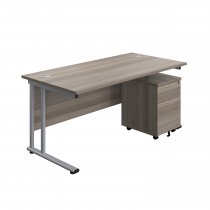 Everyday Straight Desk & Pedestal Bundle | Desk 1600w x 800d mm | 2 Drawer Mobile Pedestal | Grey Oak Top | Silver Frame