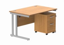 Straight Cantilever Desk & Pedestal Bundle | Desk 1200w x 800d | 2 Drawer Mobile Pedestal | Norweigan Beech | Silver | Everyday VALUE